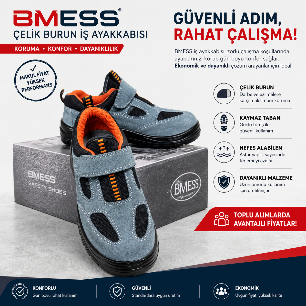 BMES 1453 İş Güvenlik Ayakkabısı S1 Yazlık Gri Süet